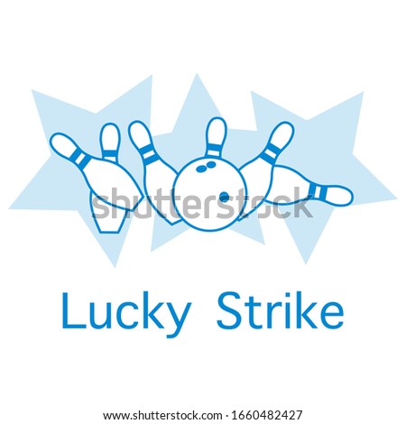 Vector illustration Bowling pins and ball, stars on white background. Bowling club Center Sports theme. Games, hobbies, entertainment. Lucky Strike Design for banner, poster or print.