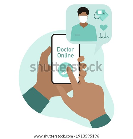 Consultation Doctor online vector illustration Hands hold cell phone Online medical communication with patient. Virtual hospital. Medical support. Healthcare. Flat style Design for website, app, print