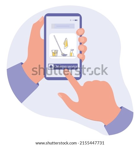 Vector Illustration Cell phone call to cleaning service. Professional quality house cleaning. Housekeeping. Household chores. Book cleaner, scrubwoman. Make an order vacuum, garbage removal