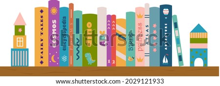 Bookshelf with children's books. Literature for kids. Children's reading. Colorful books covers. Fairy tales, encyclopedia, atlas, adventure, ABC. Banner for library, bookstore, fair, festival. 