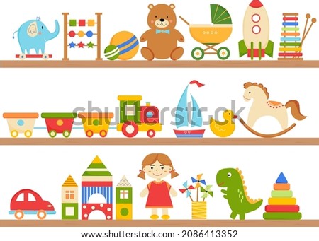 Kids toys on wooden shelves. Teddy bear, train, car, doll, dino, cubes, elephant, rocket, boat, xylophone, pyramid. Vector illustration for store, shop, kindergarten, childrens room. White background