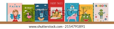 Bookshelf with children's books. Illustrated covers of books.  Literature for kids. Children's reading. Colorful books covers. Front view of books. Banner for library, bookstore, fair, festival. 