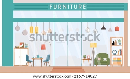 Furniture store facade. Modern furniture shop Vector illustration. Retail trail. Shop window with table, chairs, armshair, lamps, wardrobe, home decor. Front view of furniture store. 