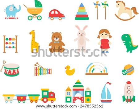 Colorful toys set bear, hare, doll, train, car, dino and others. Kids toy set. Vector illustration for store, shop, kindergarten, school, childrens room. White background. 