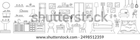 Set of modern furniture in line art style. Outline furniture for Llving room, bedroom, kitchen. Sofa, armchair, table, balcony, rack, home plants, table, decoration. Vector illustration.