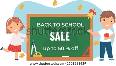 School children near the chalkboard. Description Back to school, Sale, up to 50% off. Cartoon characters. Sale poster, flyer,template.  Vector illustration on white background. 