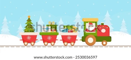 Santa Claus driving Christmas train with gifts on winter background. Train carrying presents and christmas tree. Vector illustration.  