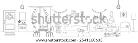 Living room decorated for Christmas and New Year. Interior banner in line art style. Living room with furniture as sofa, armchair, fairplace, table Christmas tree. Black and white vector illustration