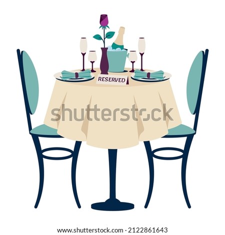 Beautiful romantic dinner. Romantic setting. Reserved table for two. Table with white tablecloth, chairs, cutlery, glasses, champagne, champagne bucket, rose. Vector cartoon illustration isolated 