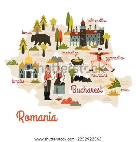 Romania map hand drawn in cartoon style. People in national dress, animal, tourist attractions, cultural landmarks, architecture, food. Comic infographic, doodle cliparts. Vector flat illustration