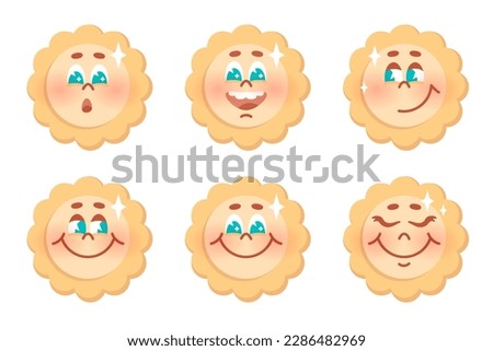 Set of cute smiling sunes with cartoon face. Collection of icon for print, decoration, cover, weather design, children's products, toys. Vector isolated illustration.
