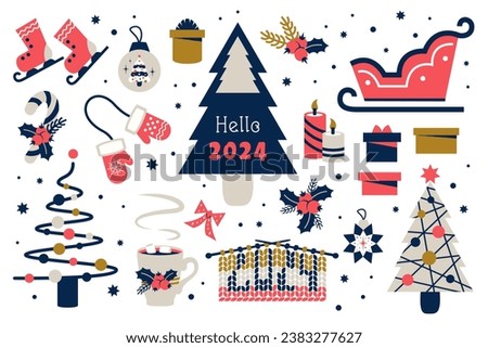 Set of Christmas elements isolated. Festive Christmas tree with gif box, decorations. Sleigh, handmade knitting pattern, gloves, Christmas socks, skates, candles. Winter holiday stickers. Vector