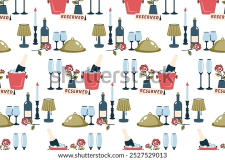 Romantic background. Reserved tables for two. Valentines seamless pattern. Romantic dinner with cutlery, wineglasses, champagne, candles, rose, nightlight. Romantic setting. Vector flat illustration