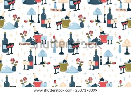 Valentines seamless pattern. Reserved tables for two. Valentines background. Romantic dinner with cutlery, wineglasses, champagne, candles, rose, nightlight. Romantic setting. Vector illustration	