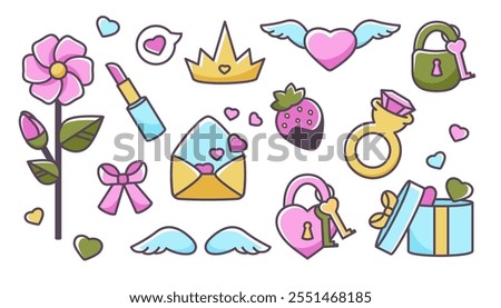 Valentine's day icons set. Collection of cartoon Doodle Valentine symbols. Valentines outline elements. Cute flying heart, present,  ring, strawberry, bow, jewel, lock, flower. Vector illustration