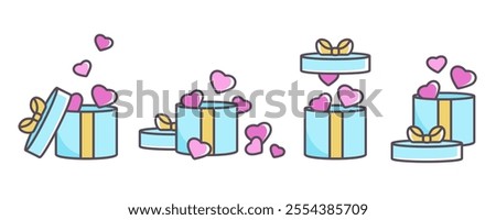 Valentines elements. Gifts icons. Set of gift boxes with open and closed lids . Cartoon Doodle Valentine symbols. Simple outline presents signs with pink hearts and ribbon. Vector cartoon illustration