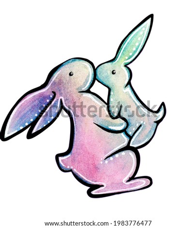 The mother rabbit is holding a rabbit in its paws. Watercolor drawing translated into vector on a transparent background.