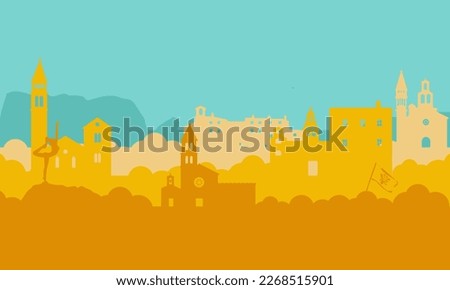 Illustration of montenegro budva city silhouette with various buildings, monuments, tourist attractions