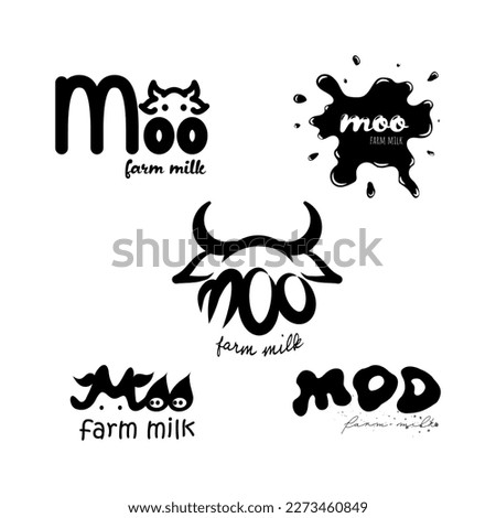 5 different logos for milk products for the brand moo farm milk, black color on white background