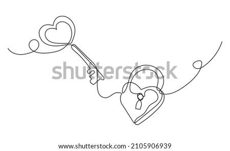 Continuous one line drawing of a heart shaped lock and key. Vector illustration