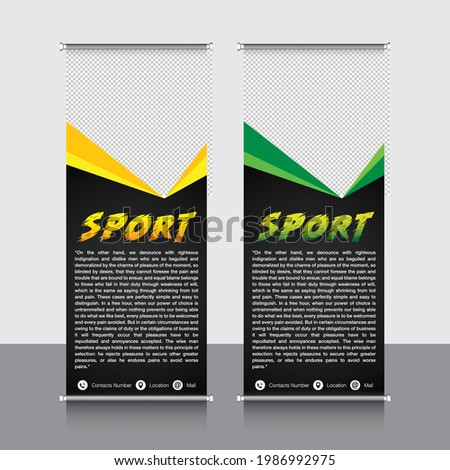 Template vector roll-up banner in geometric modern style with place for the photo. Design for sports, gym, business with black, orange, and green diagonals.