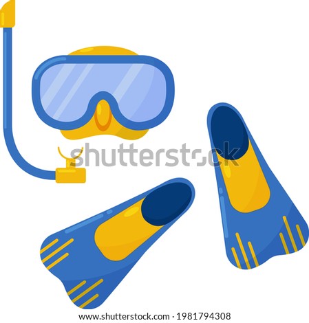 Bright summer set fins mask and breathing tube for diving and spearfishing. Scuba diver s kit for swimming diving underwater. Snorkeling Vector illustration isolated on white background.