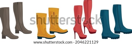 Footwear. A set consisting of women s shoes, of different colors and styles. High-heeled boots vector illustration