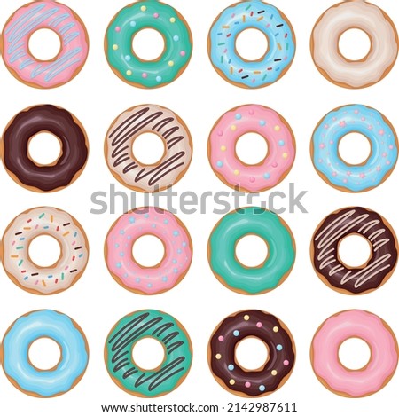 Donuts set. A large collection of donuts, poured with various glazes. Sweet dessert, fast food. Vector illustration isolated on a white background