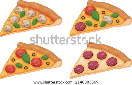 Pizza set . A collection of four slices of pizza with various fillings. Pizza with sausage, mushrooms, tomatoes and cheese. Vector illustration isolated on a white background