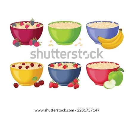 Oatmeal set. Collection of cups of oatmeal porridge with various fruits. Fruit porridge with banana, cherry, strawberry, apple and raspberry. Classic oatmeal porridge vector