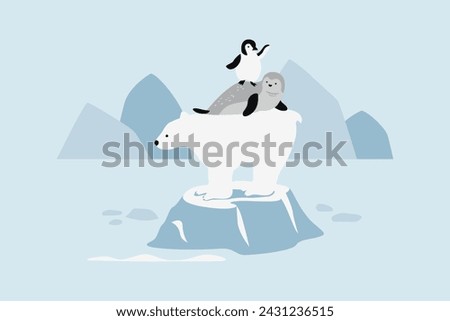 Polar Bear, Seal and Penguin On Melted Iceberg Vector Illustration