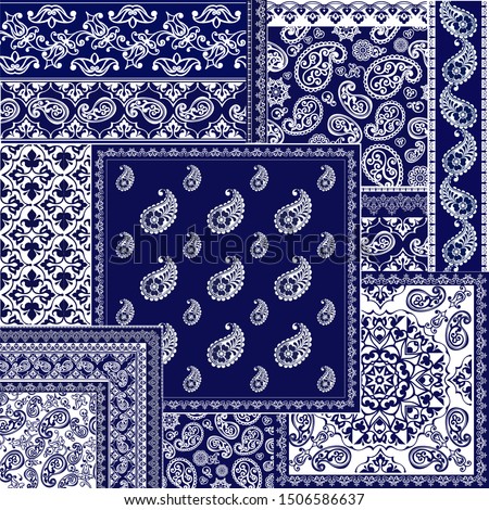 Patchwork paisley and border pattern.  Floral wallpaper. Decorative ornament for fabric, textile, wrapping paper. Indigo  paisley pattern.