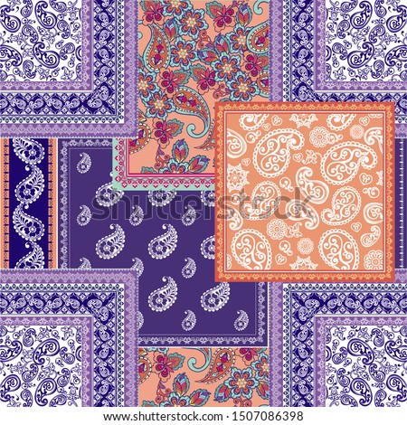 Patchwork paisley and border pattern. Floral wallpaper. Decorative ornament for fabric, textile, wrapping paper. Indigo paisley pattern.
