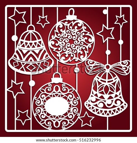 Christmas card with bells for laser cutting.  Laser cutting template. Christmas gift for wood carving, paper cutting and christmas decorations.