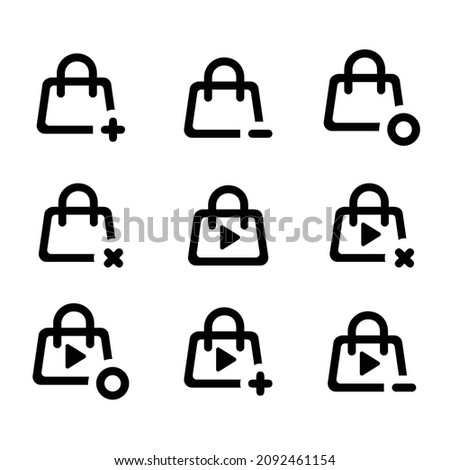bag with play button icon, round, cross, plus, minus