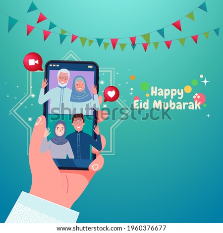 Selamat hari raya Idul Fitri, lebaran or is another language of happy eid mubarak in Indonesian. muslim family blessing Eid mubarak with smart phone on handle screens using video call during Covid-19
