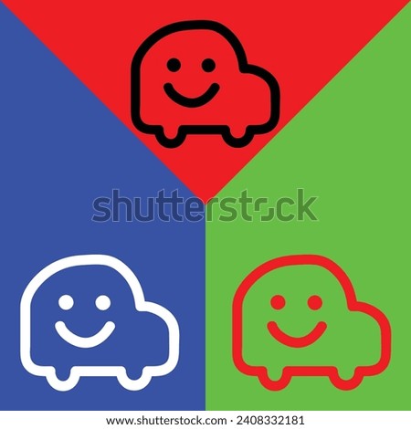 Waze Vector icon, Outline style, isolated on Red, Green and Blue Background.