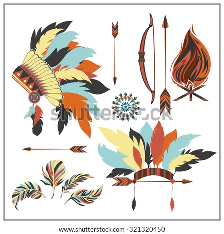 Set of ethnic style.  Indian colored decorative components. Isolated arrows, feathers, beads, bow,war bonnet. Isolated vector illustration