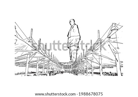 View of the Statue of Unity street in Gujarat. Hand drawn sketch drawing in vector.