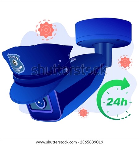CCTV concept with 24 hour protection. CCTV illustration with police officer hat and 24 hour sign. Suitable for banners, posters and security technology backgrounds