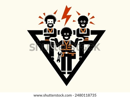 Young and highly qualified team of craftsmen performs their work with lightning speed and highest quality. Vector illustration, pictogram, icon, chevron, flyer, logo