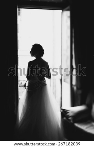 wonderful stylish sweet brunette silhouette bride  standing at the window in a white dress and hairstyle