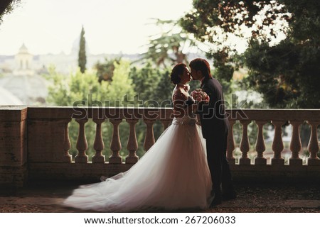 gentle beautiful bride and groom holding hands kissing  near the ancient fence balcony background cityscape Roma Italy