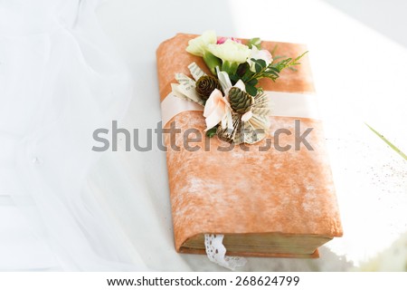 wonderful book decorated with cones flowers and ribbons on a white background
