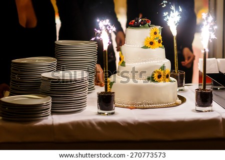 big white weddin cake decorate sunflowers ladybird and firework