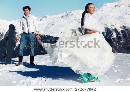 bride and groom in love dance on the background of the Alps Courchevel