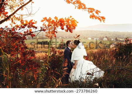 bride and groom walking kissing near trees sunset rise autumn