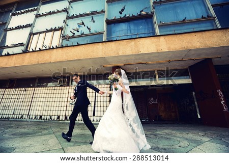 romantic gentle stylish bride and groom on the background  abandoned industrial building