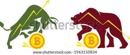 Bullish and bearish symbols. Stock market trends. Bulls and bears traders on a stock market. Players on Exchange. Vector Illustration. Bitcoin, Bull and bear on white background.