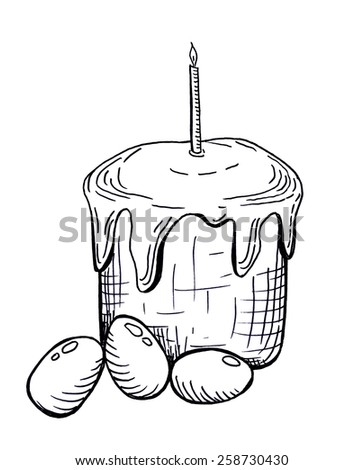 Easter cake with candle and eggs. Sketch on white background.